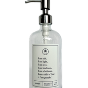 Clear glass I am Salt & Light lotion Gratitude Bottle with silver pump.