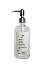 Clear glass I am Salt & Light lotion Gratitude Bottle with silver pump.