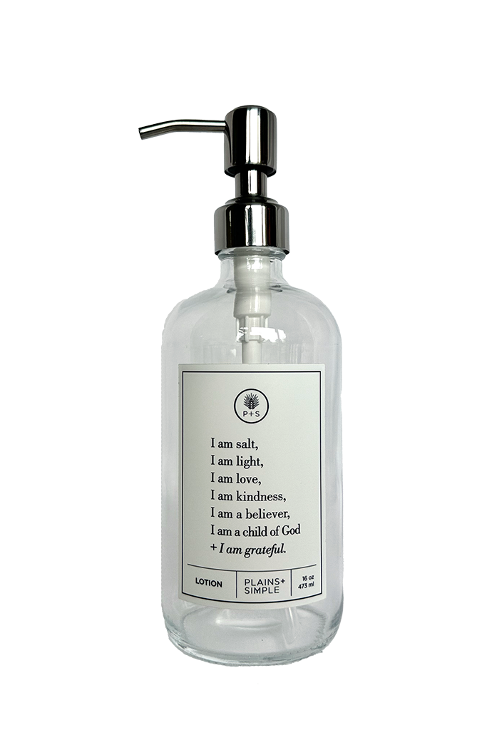 Clear glass I am Salt & Light lotion Gratitude Bottle with silver pump.