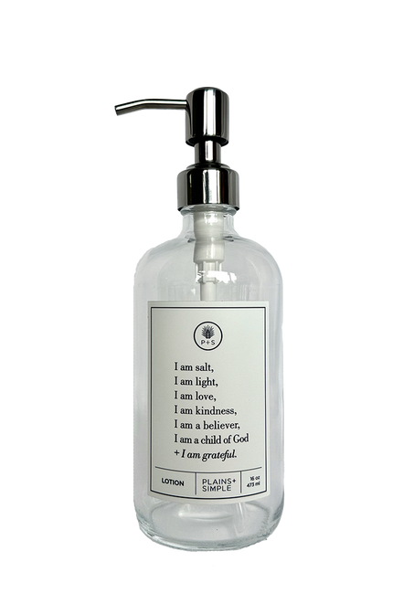 Clear glass I am Salt & Light lotion Gratitude Bottle with silver pump.