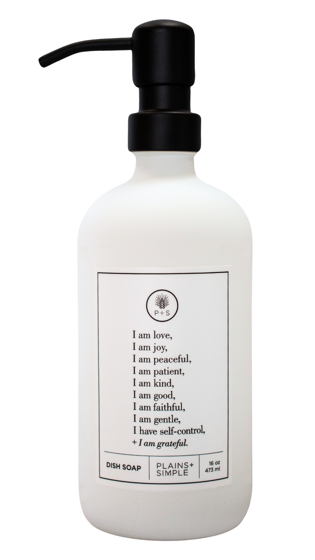 White glass Fruits of the Spirit dish soap Gratitude Bottle with black pump.