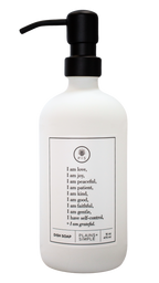 White glass Fruits of the Spirit dish soap Gratitude Bottle with black pump.