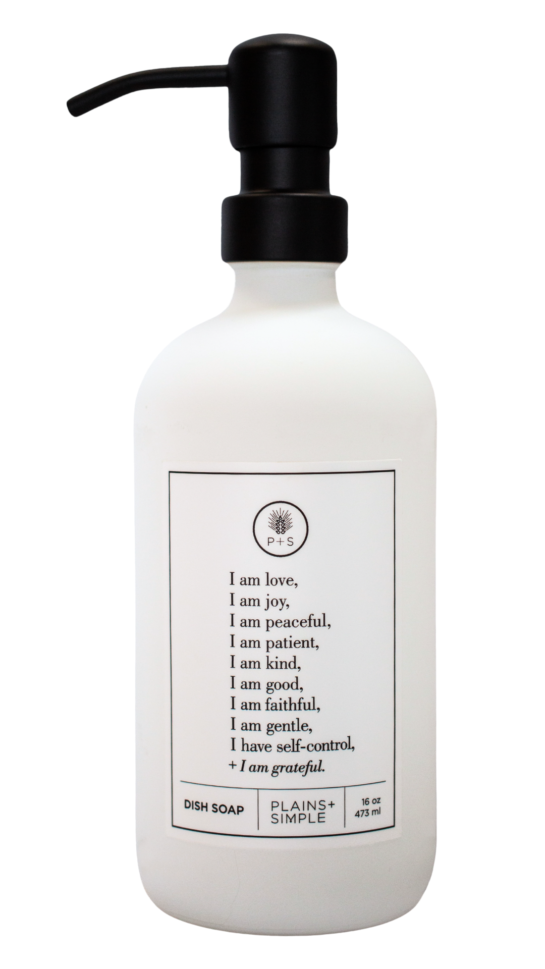 White glass Fruits of the Spirit dish soap Gratitude Bottle with black pump.