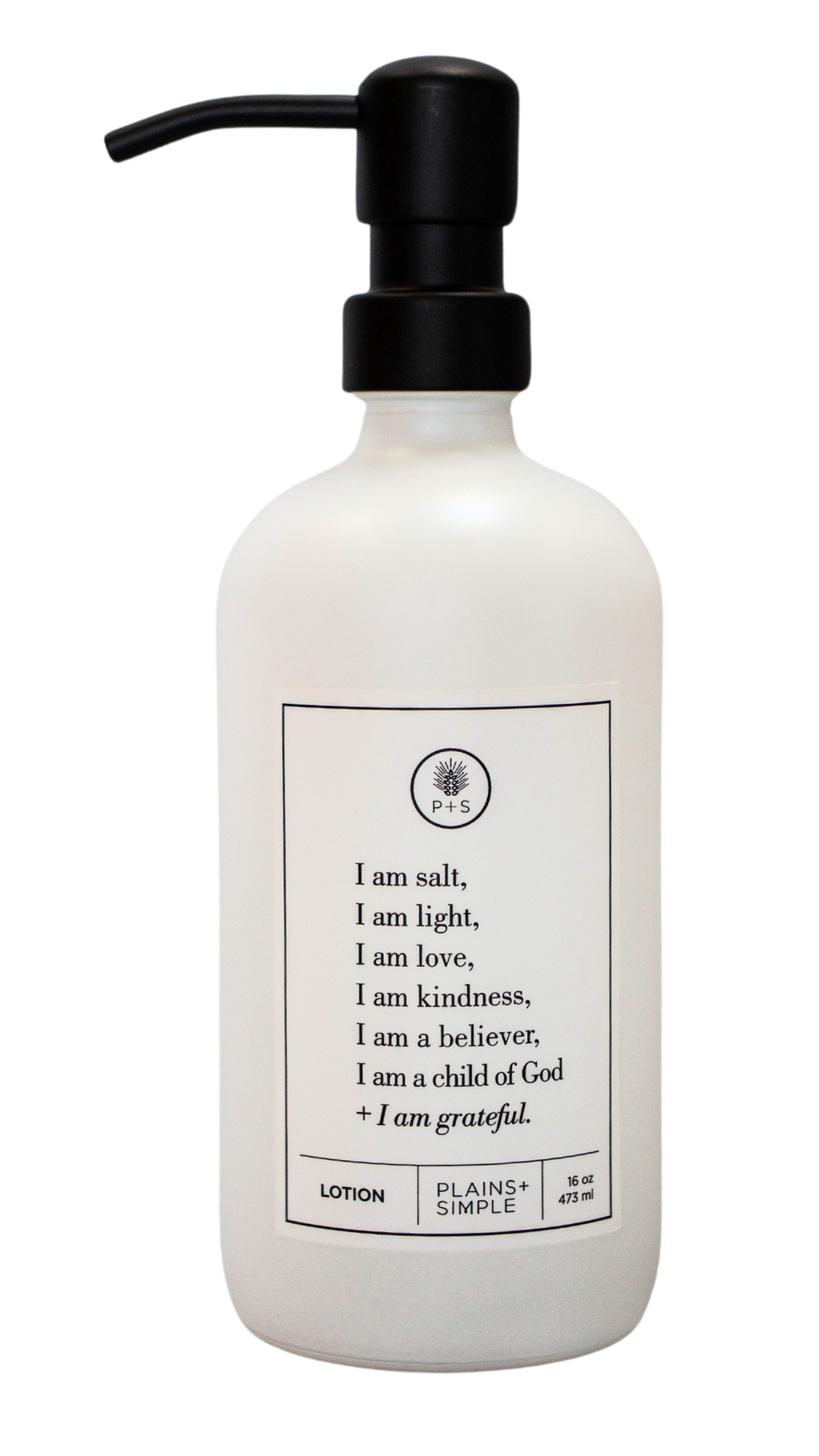 White glass I am Salt & Light lotion Gratitude Bottle with black pump.
