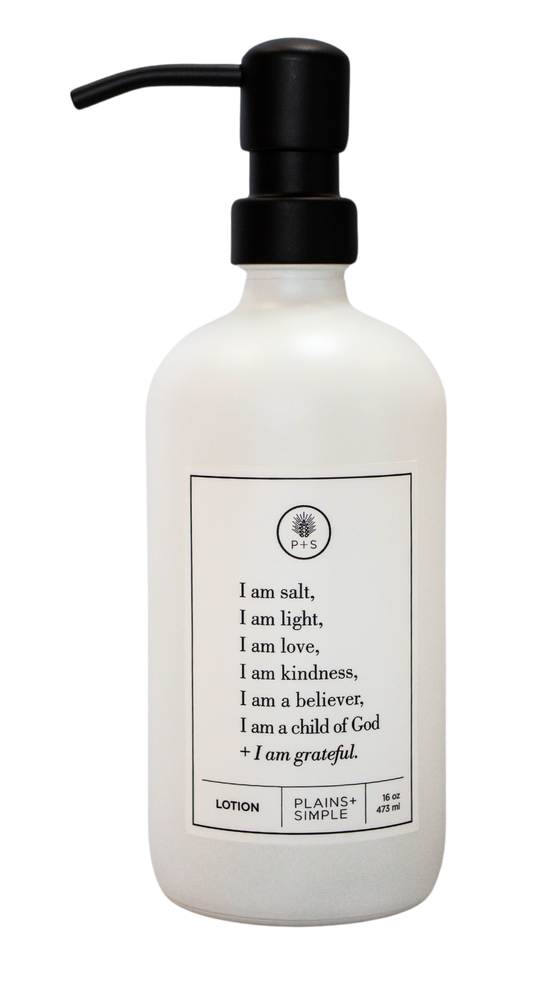 White glass I am Salt & Light lotion Gratitude Bottle with black pump.