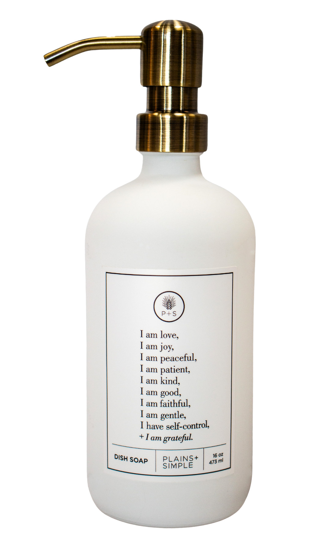 White glass Fruits of the Spirit dish soap Gratitude Bottle with gold pump.
