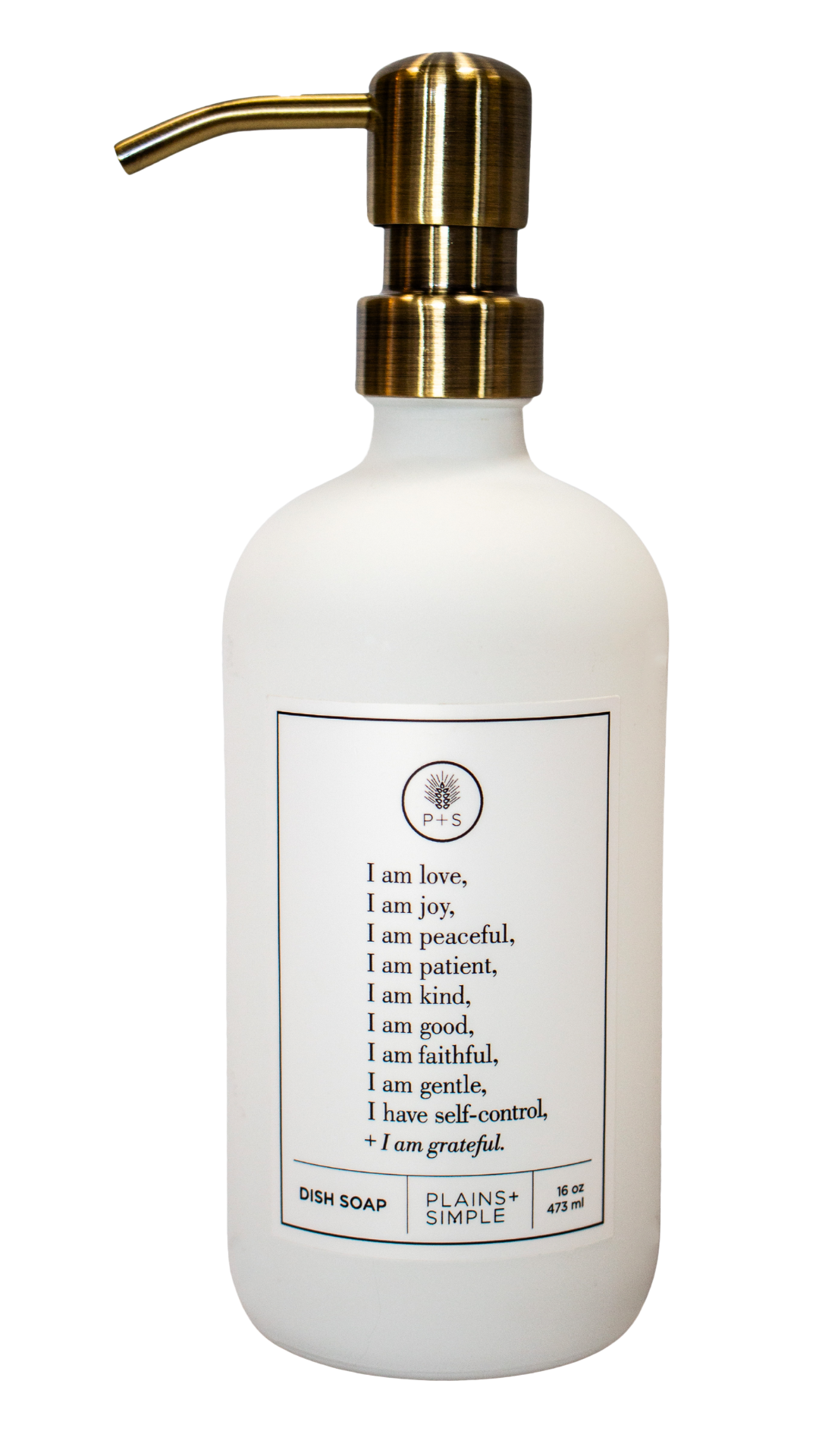 White glass Fruits of the Spirit dish soap Gratitude Bottle with gold pump.