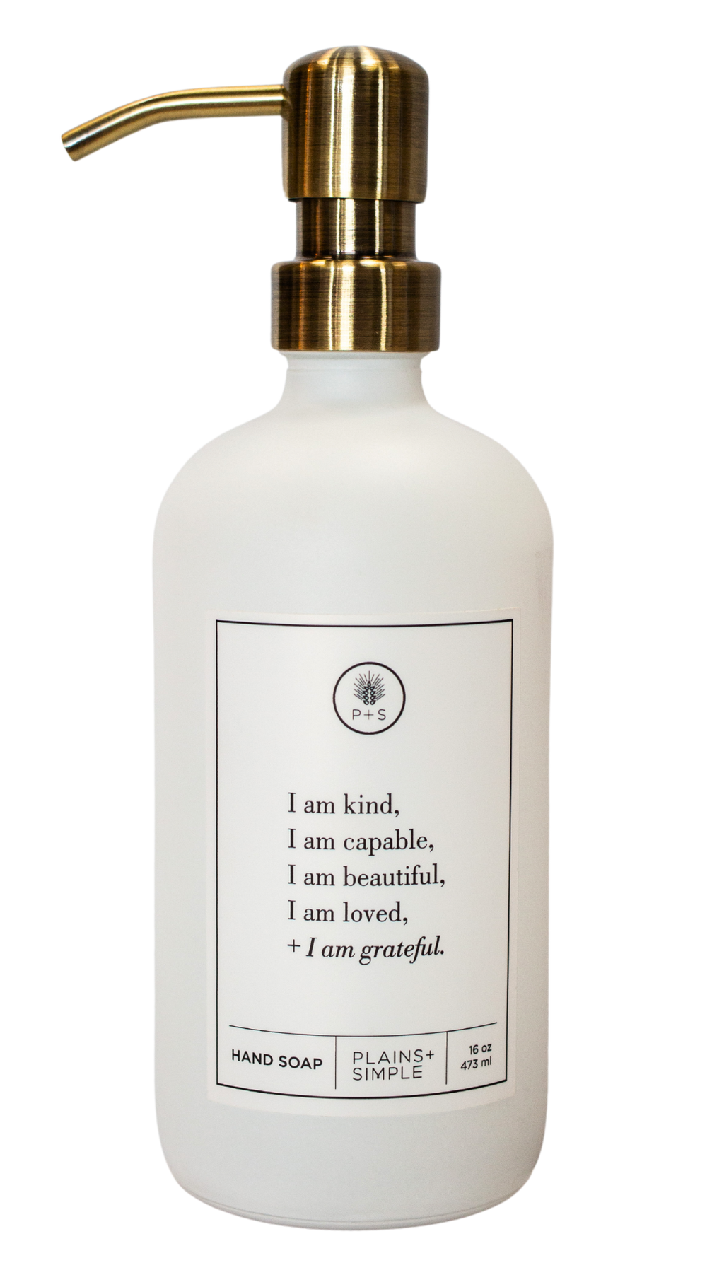 White glass I am Kind hand soap Gratitude Bottle with gold pump.