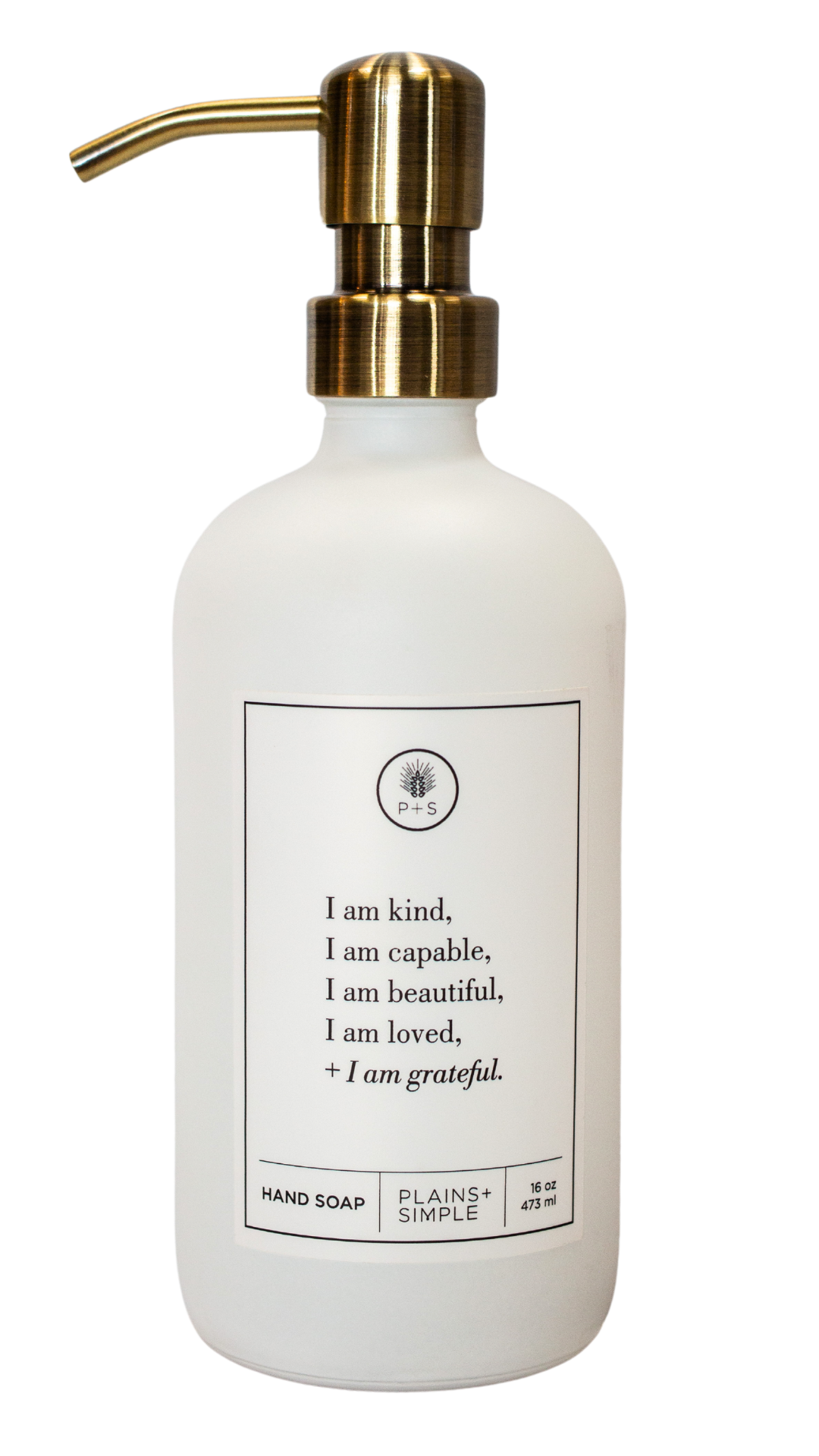 White glass I am Kind hand soap Gratitude Bottle with gold pump.