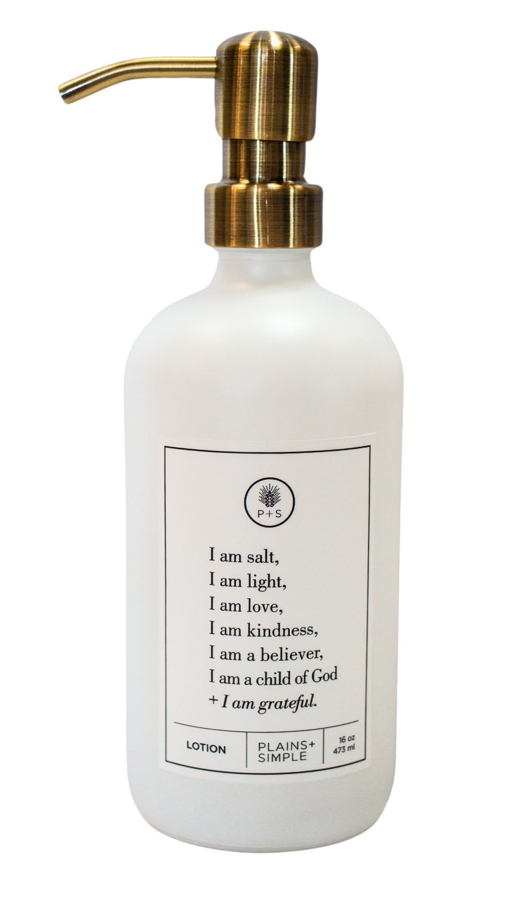 White glass I am Salt & Light lotion Gratitude Bottle with gold pump.
