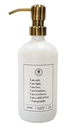 White glass I am Salt & Light lotion Gratitude Bottle with gold pump.