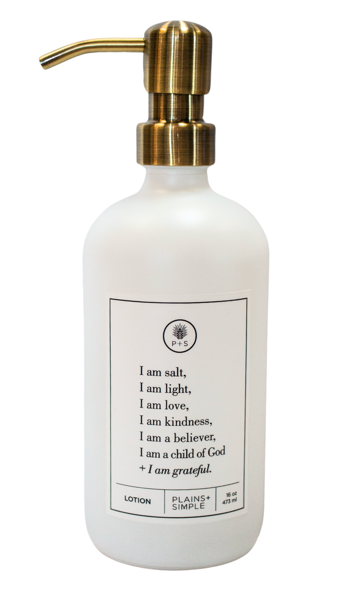 White glass I am Salt & Light lotion Gratitude Bottle with gold pump.