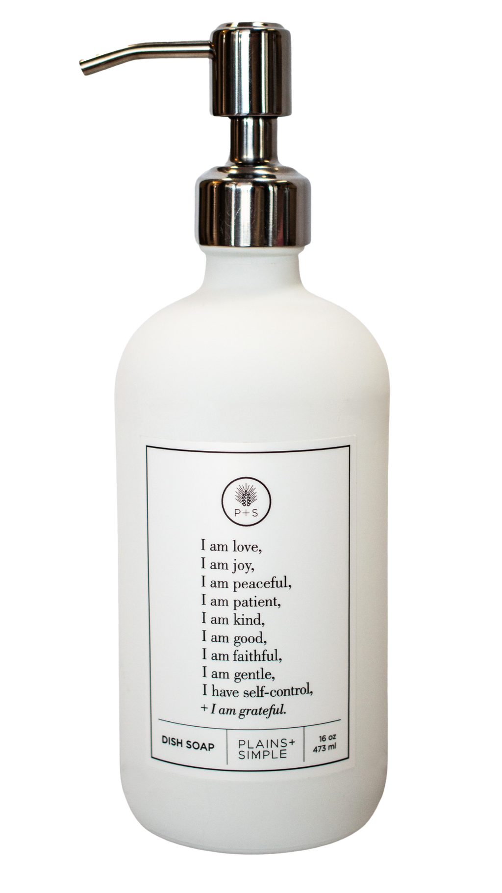 White glass Fruits of the Spirit dish soap Gratitude Bottle with silver pump.