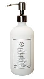 White glass Fruits of the Spirit dish soap Gratitude Bottle with silver pump.