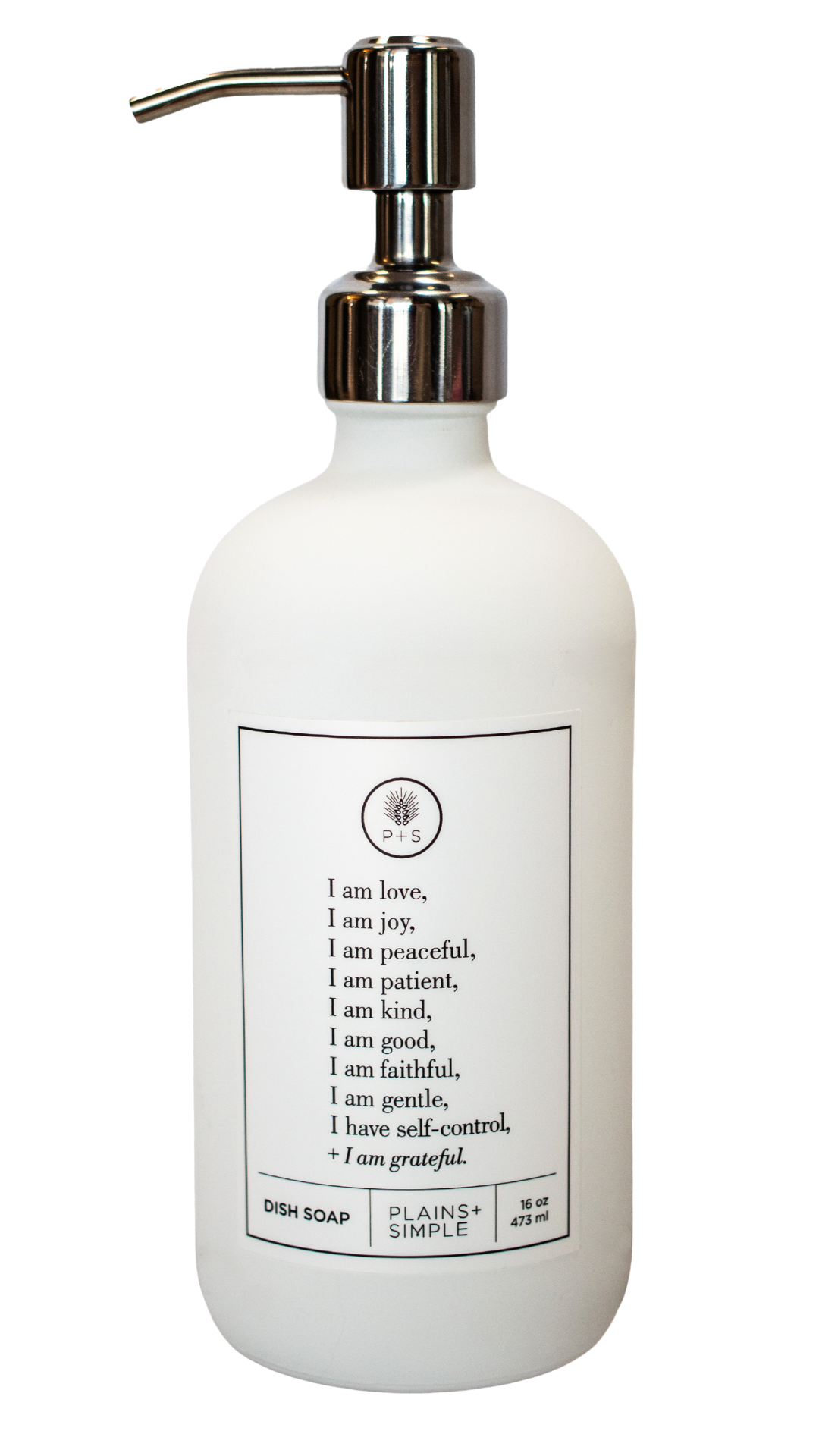 White glass Fruits of the Spirit dish soap Gratitude Bottle with silver pump.