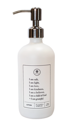White glass I am Salt & Light lotion Gratitude Bottle with silver pump.