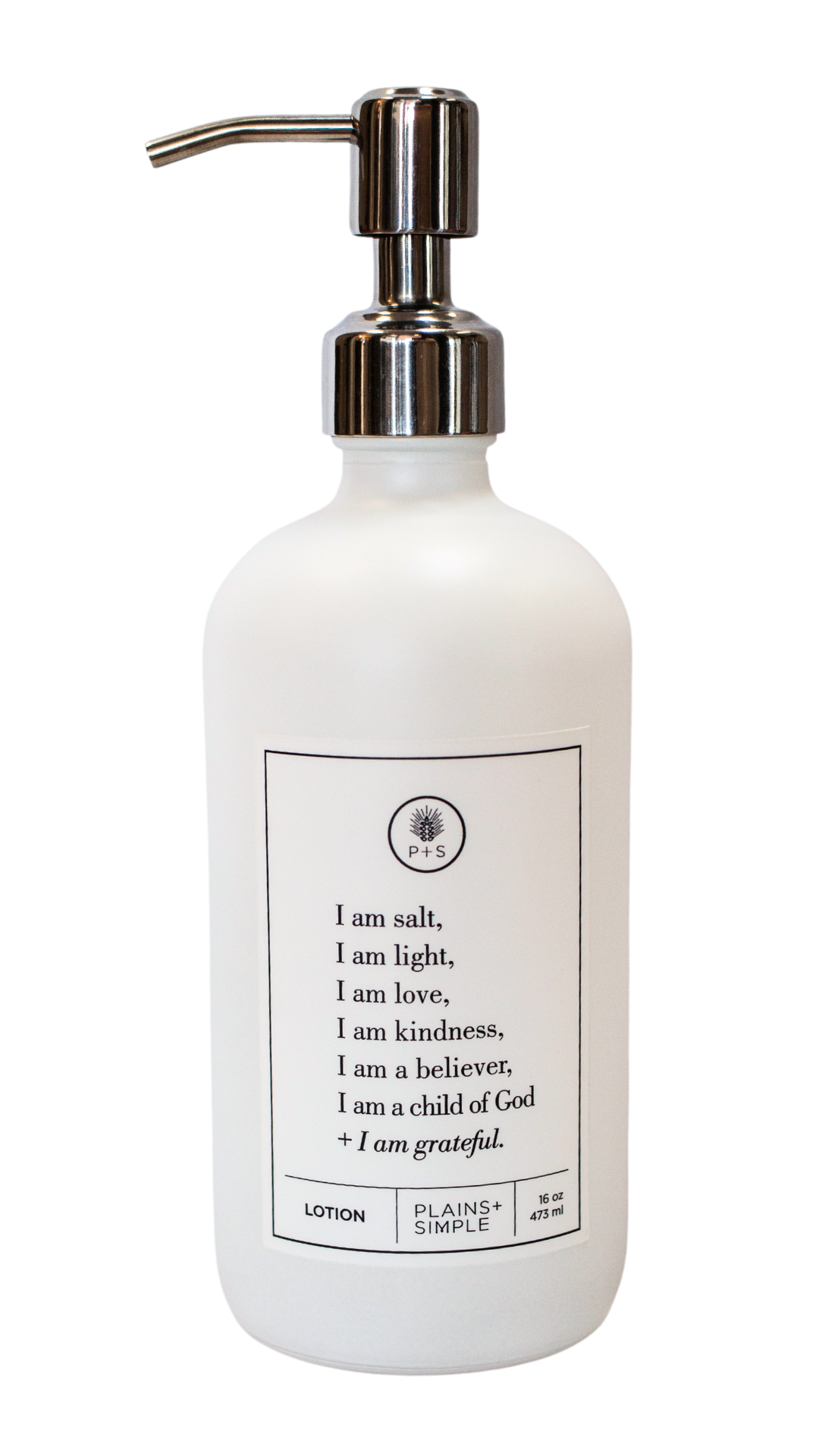 White glass I am Salt & Light lotion Gratitude Bottle with silver pump.