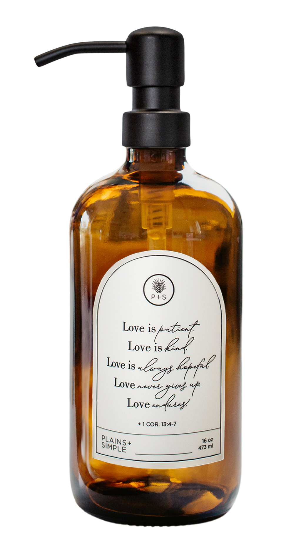 Amber glass Love Is... multipurpose Gratitude Bottle with black pump.