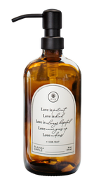 Amber glass Love Is... multipurpose Gratitude Bottle with black pump.