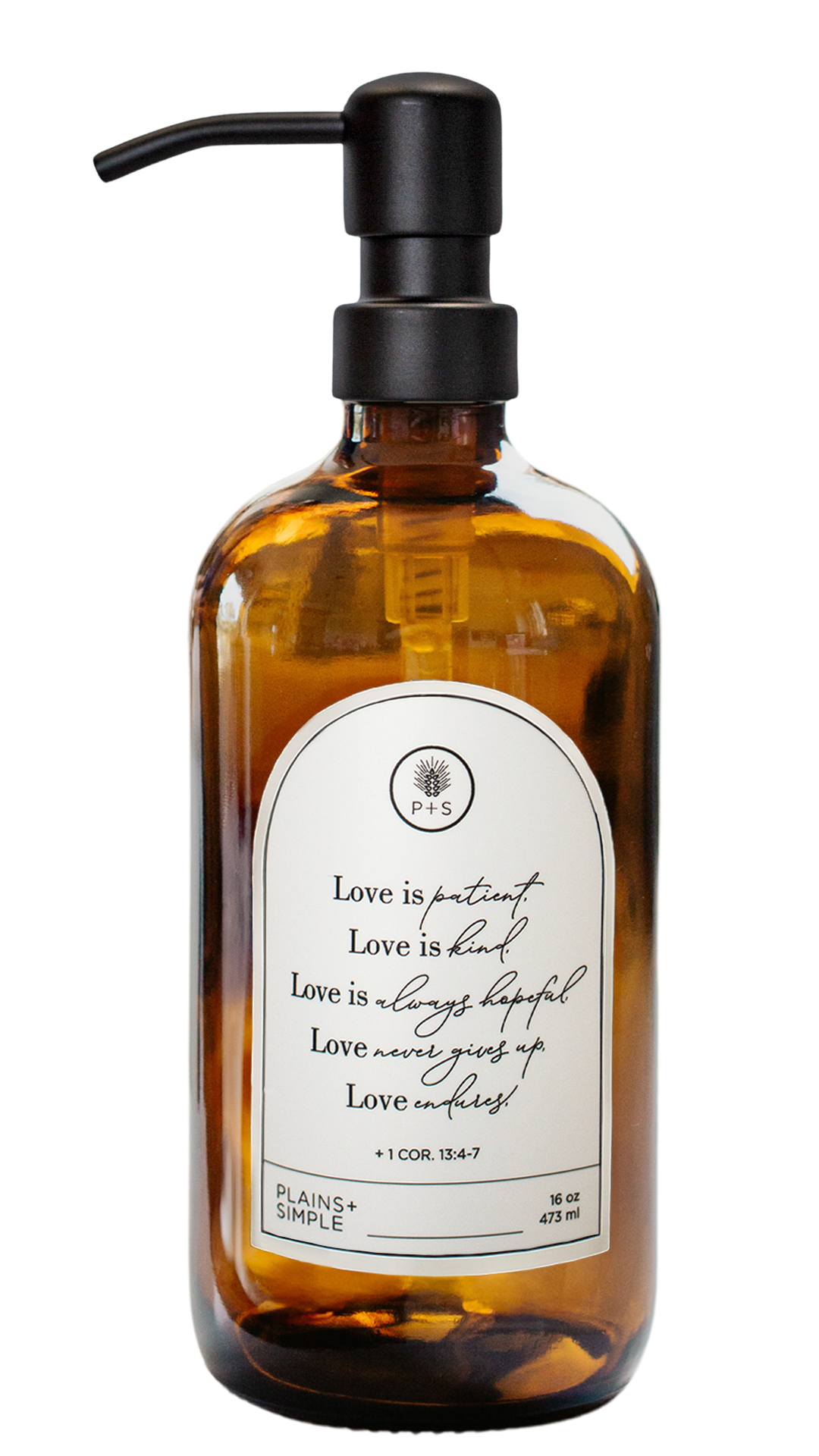Amber glass Love Is... multipurpose Gratitude Bottle with black pump.