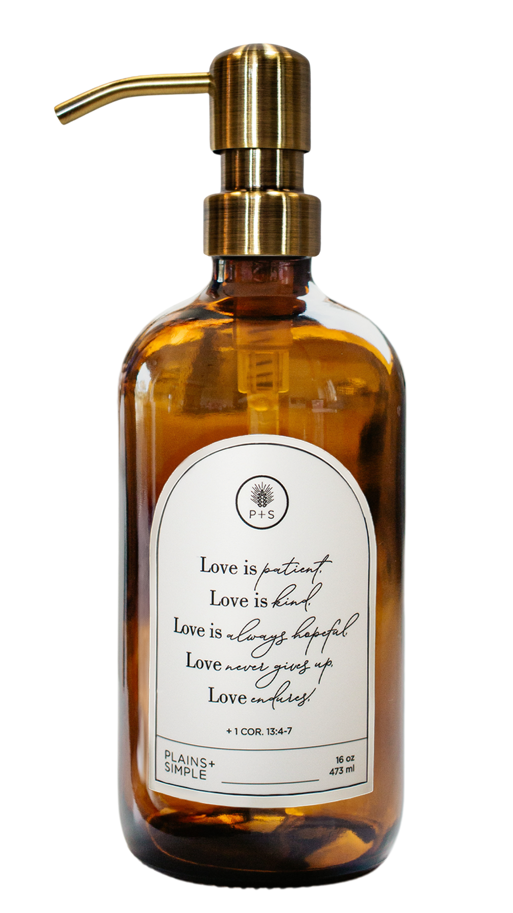 Amber glass Love Is... multipurpose Gratitude Bottle with gold pump.