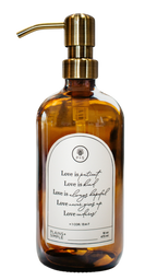 Amber glass Love Is... multipurpose Gratitude Bottle with gold pump.