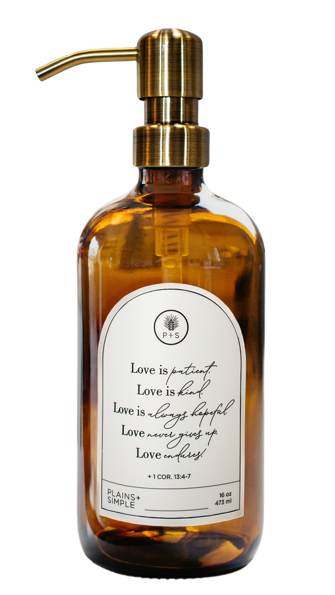 Amber glass Love Is... multipurpose Gratitude Bottle with gold pump.