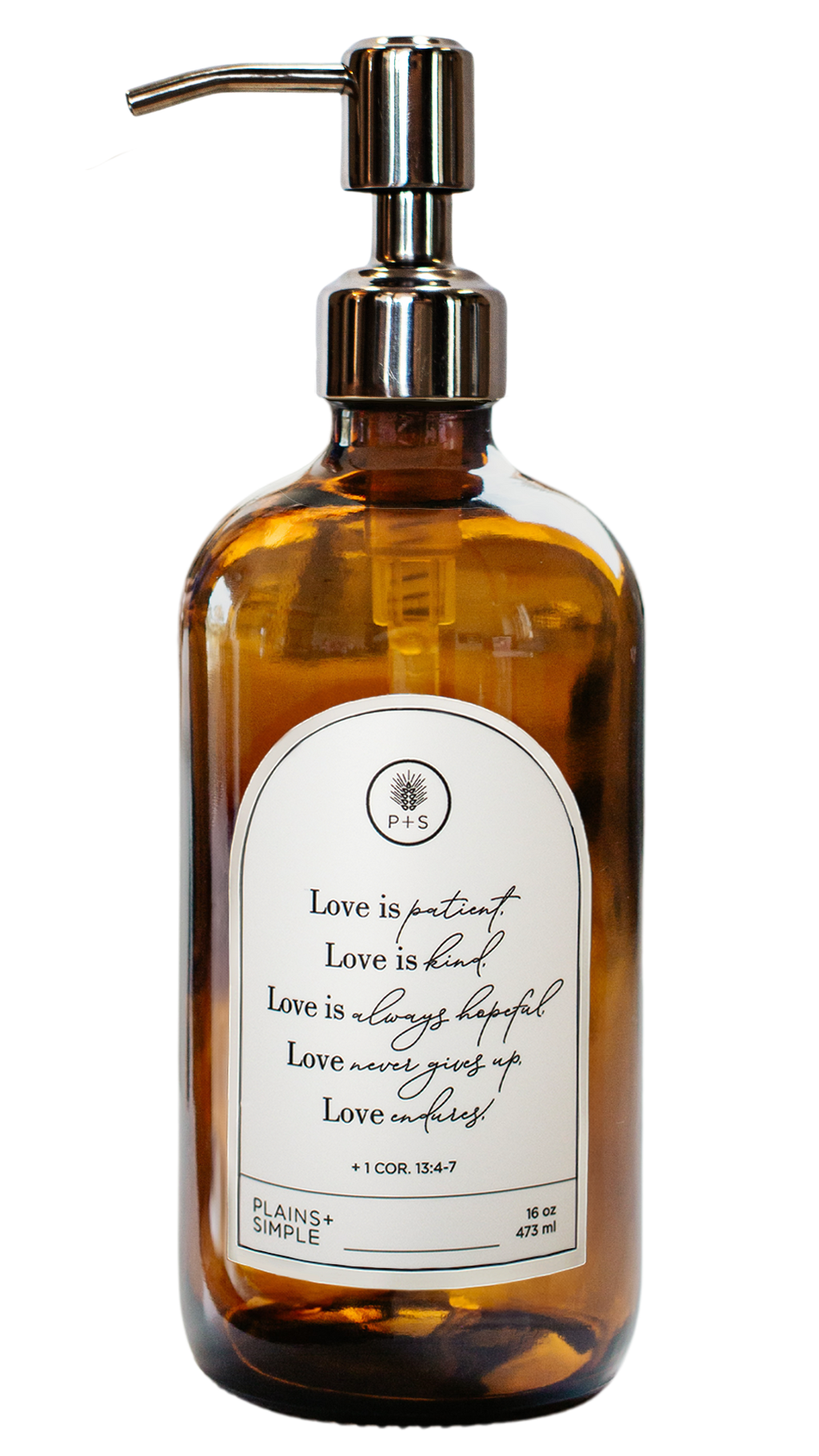 Amber glass Love Is... multipurpose Gratitude Bottle with silver pump.