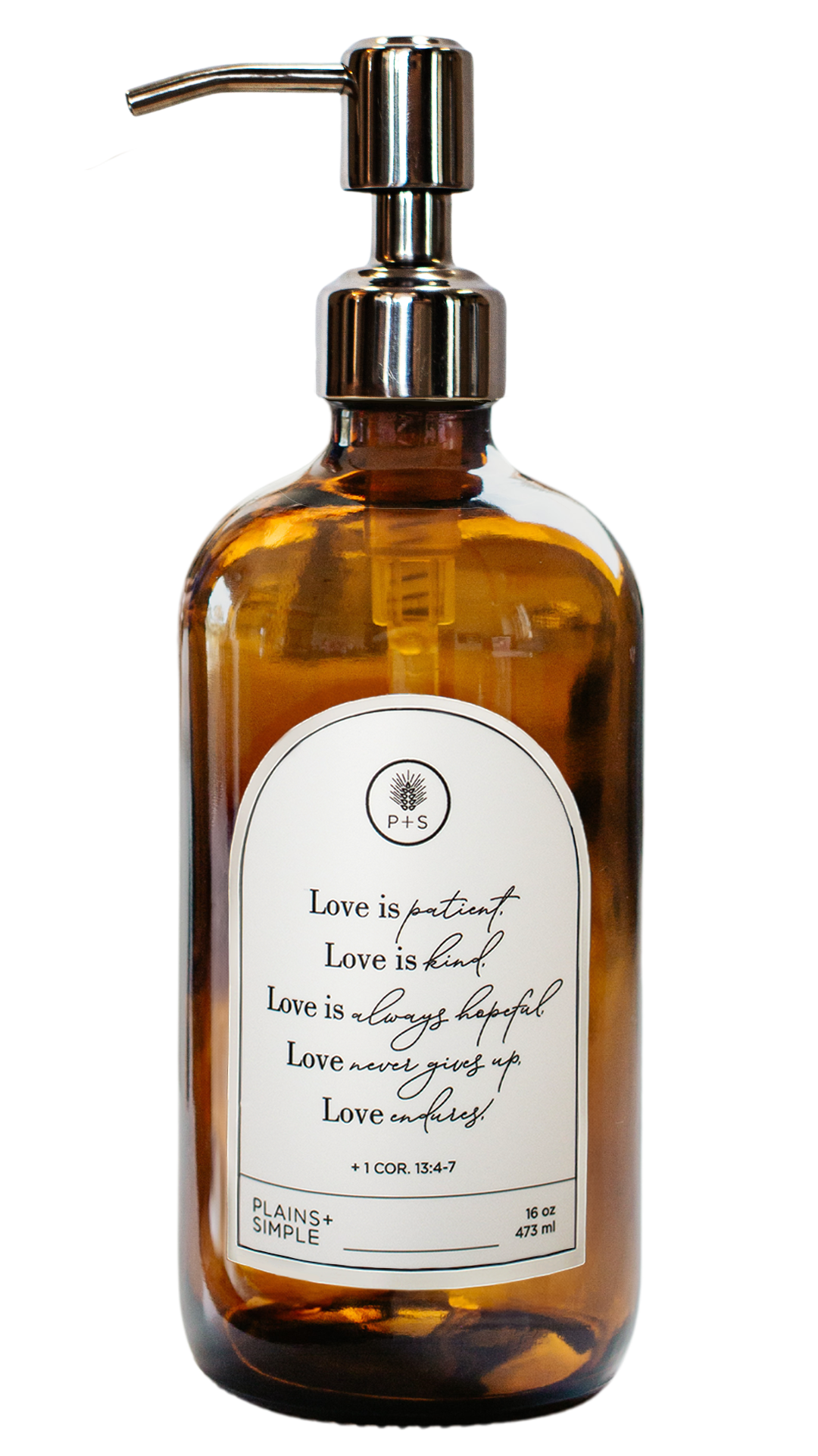 Amber glass Love Is... multipurpose Gratitude Bottle with silver pump.