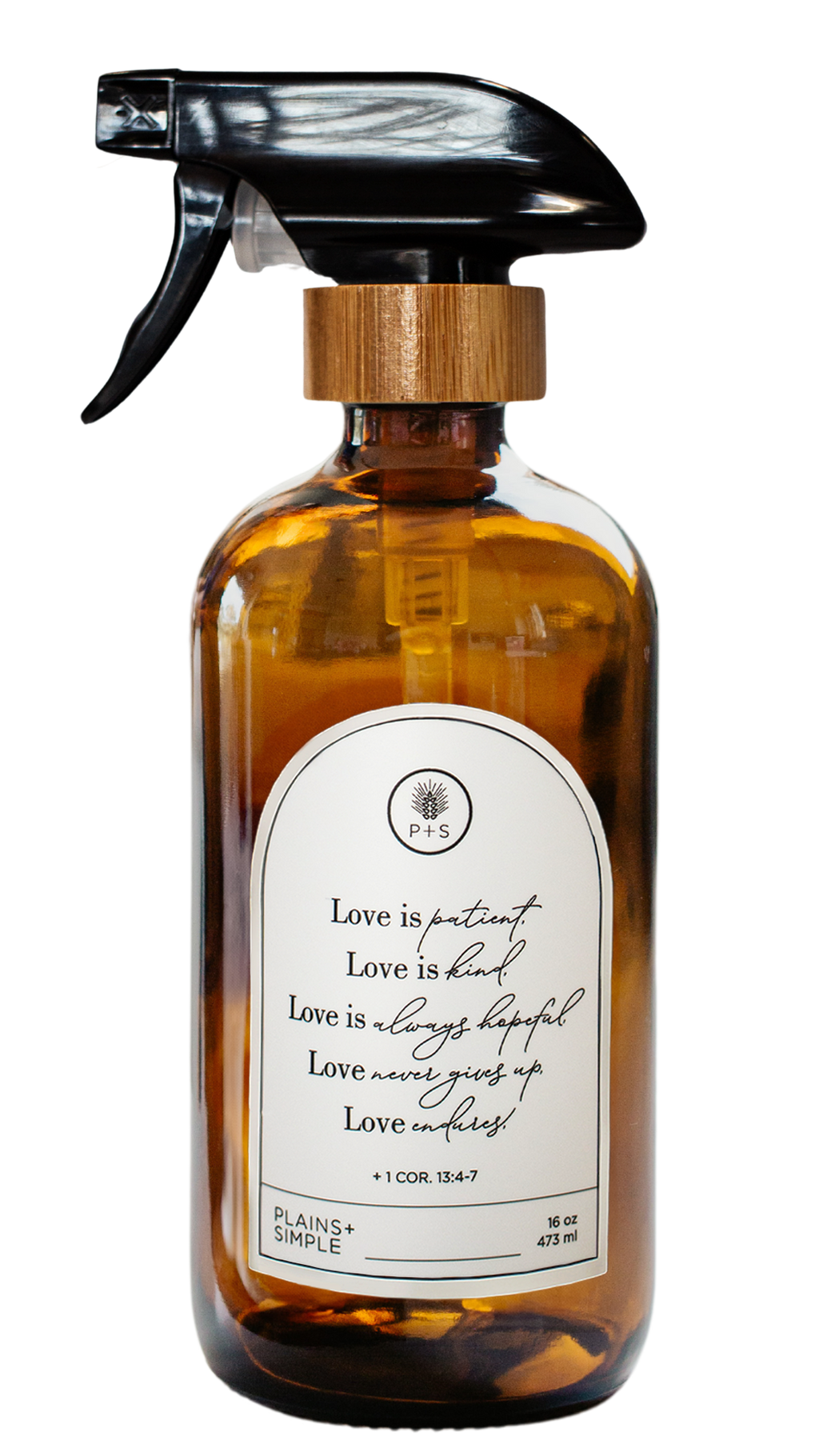 Amber glass Love Is... multipurpose Gratitude Bottle with spray pump.