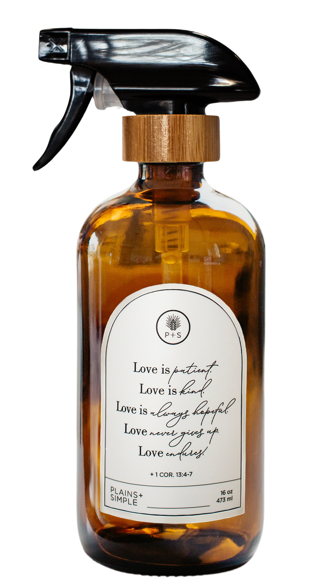 Amber glass Love Is... multipurpose Gratitude Bottle with spray pump.