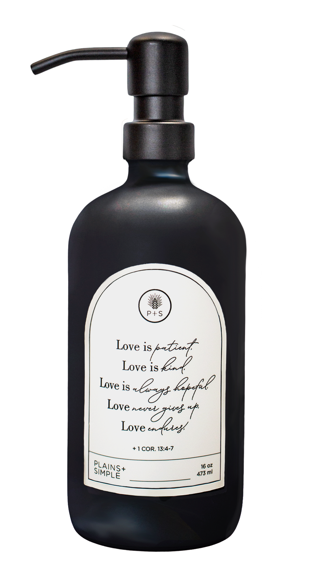 Black glass Love Is... multipurpose Gratitude Bottle with black pump.