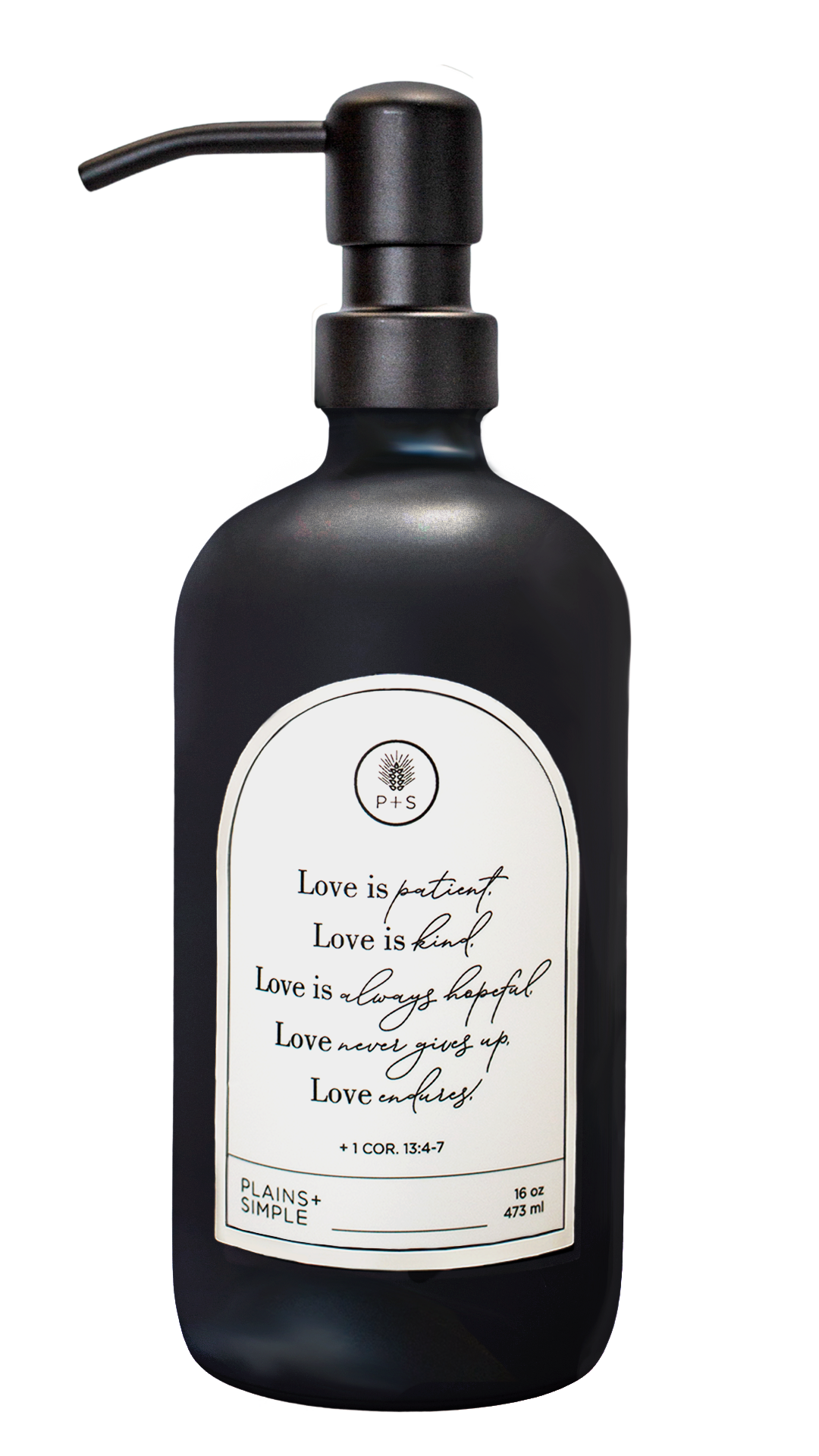 Black glass Love Is... multipurpose Gratitude Bottle with black pump.