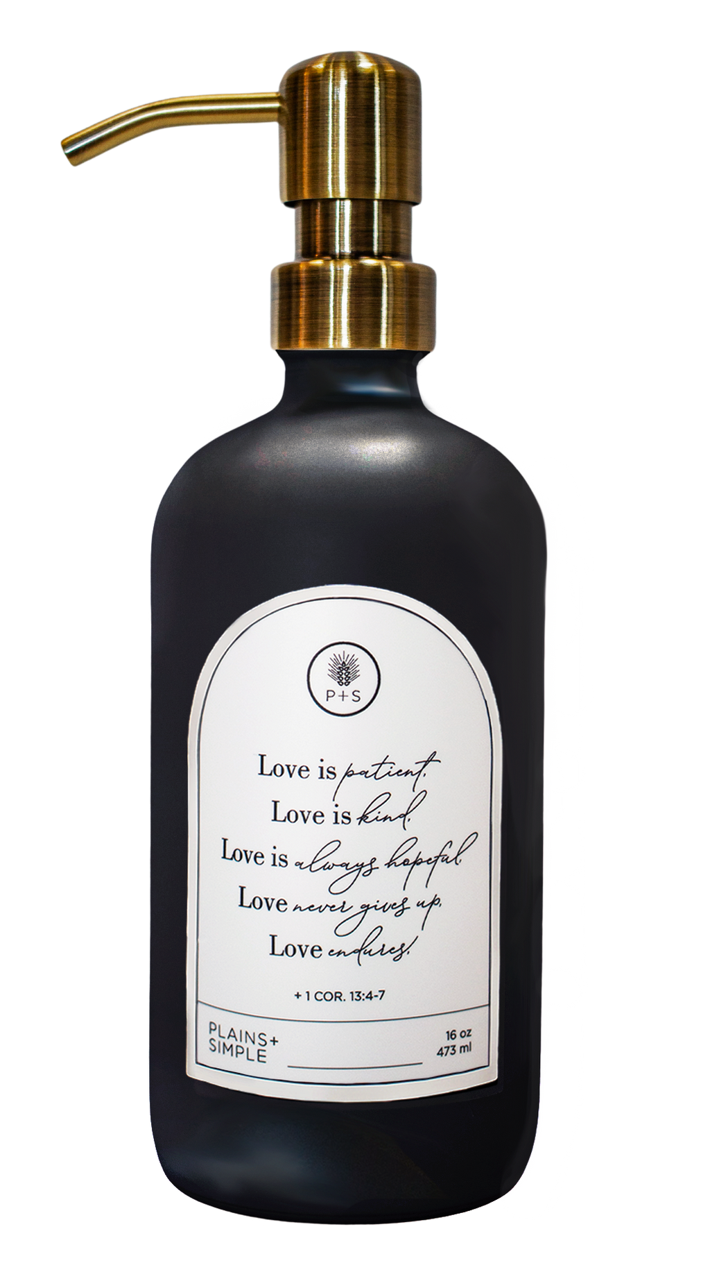 Black glass Love Is... multipurpose Gratitude Bottle with gold pump.