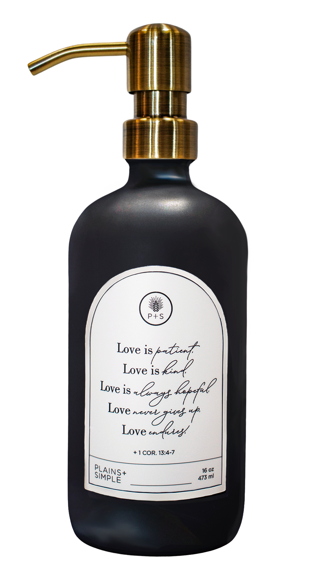 Black glass Love Is... multipurpose Gratitude Bottle with gold pump.