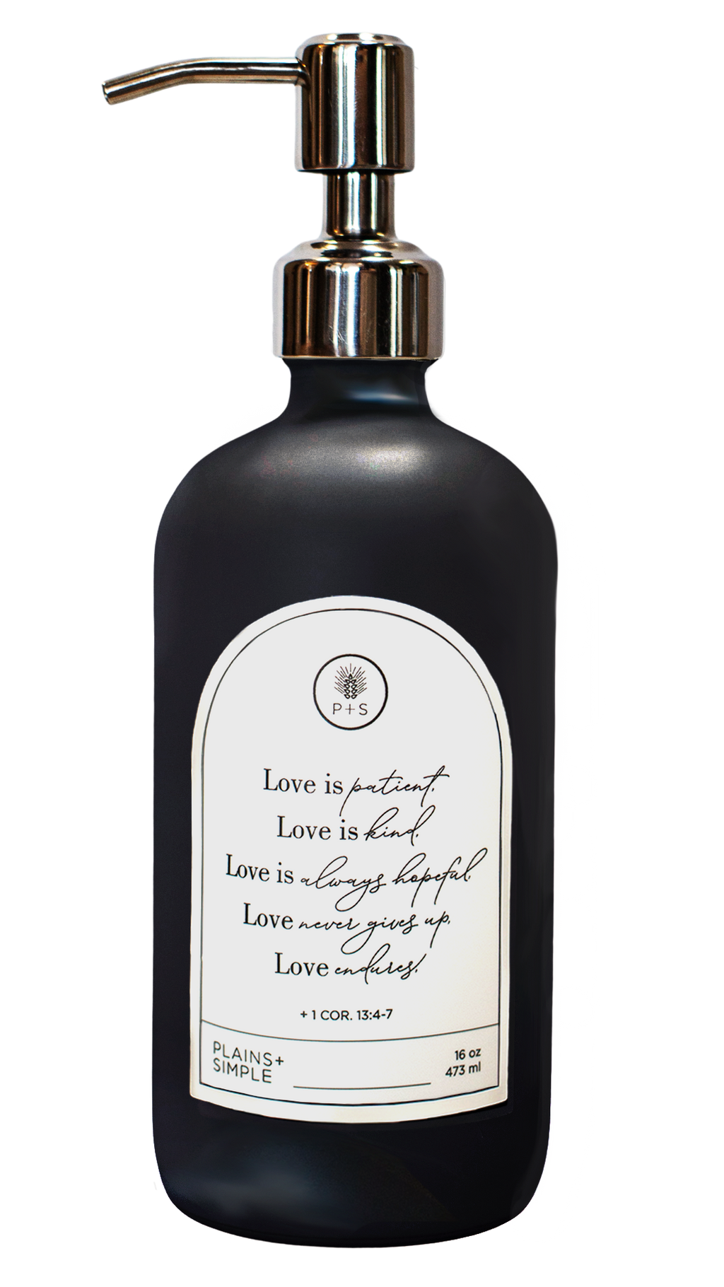 Black glass Love Is... multipurpose Gratitude Bottle with silver pump.