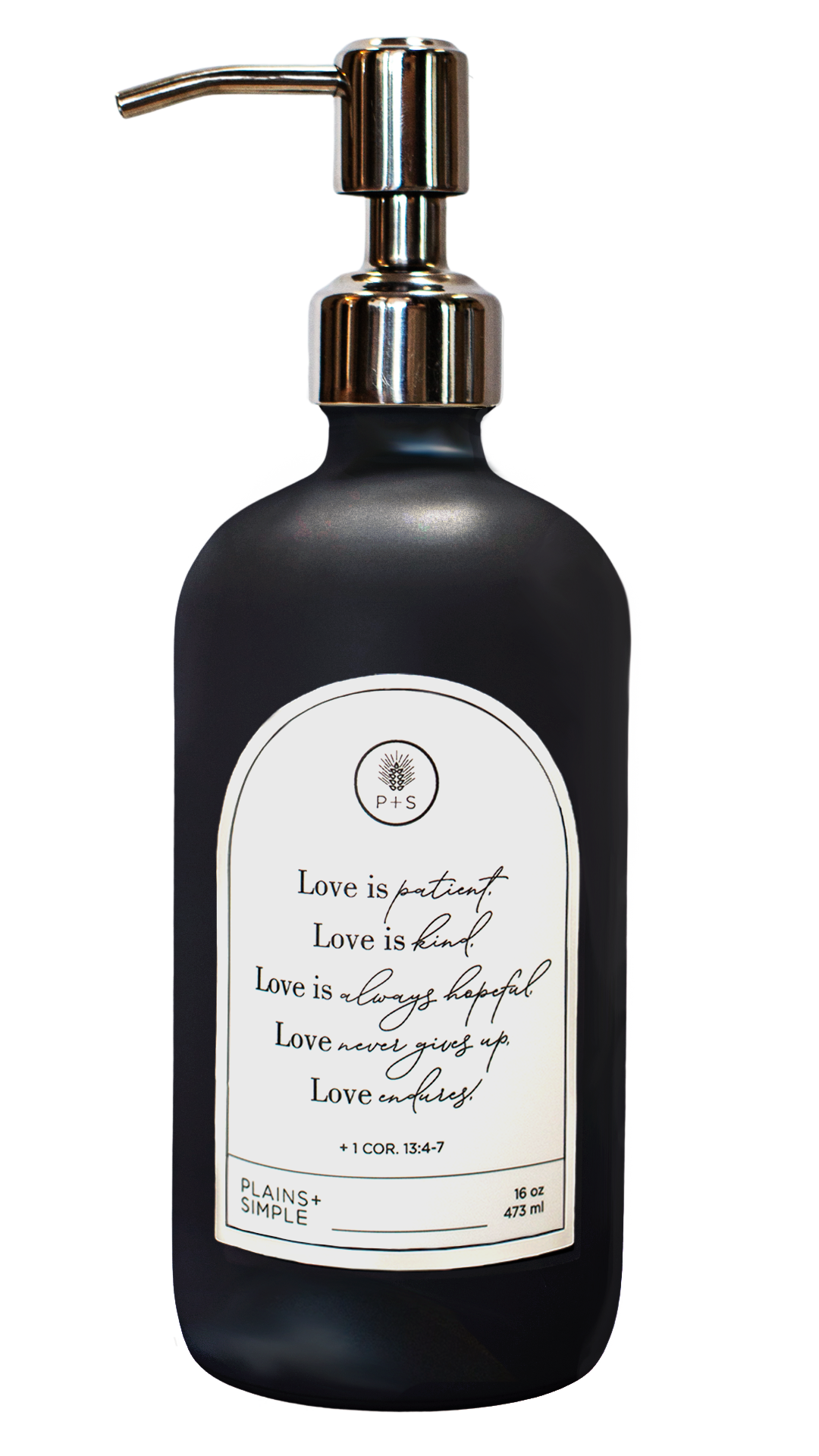 Black glass Love Is... multipurpose Gratitude Bottle with silver pump.