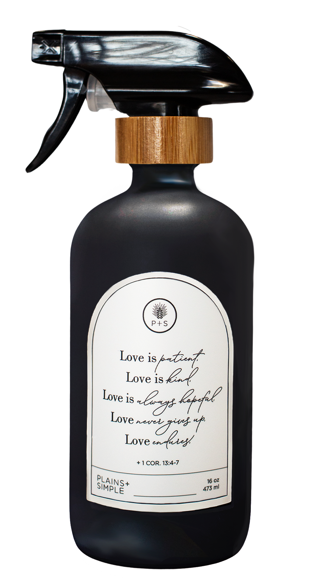 Black glass Love Is... multipurpose Gratitude Bottle with spray pump.