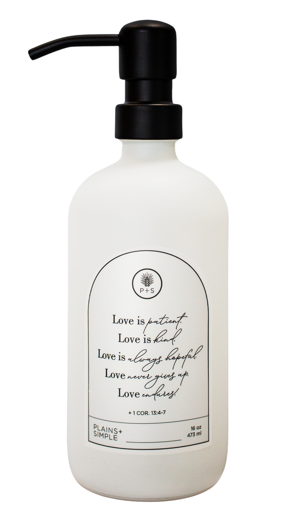 White glass Love Is... multipurpose Gratitude Bottle with black pump.