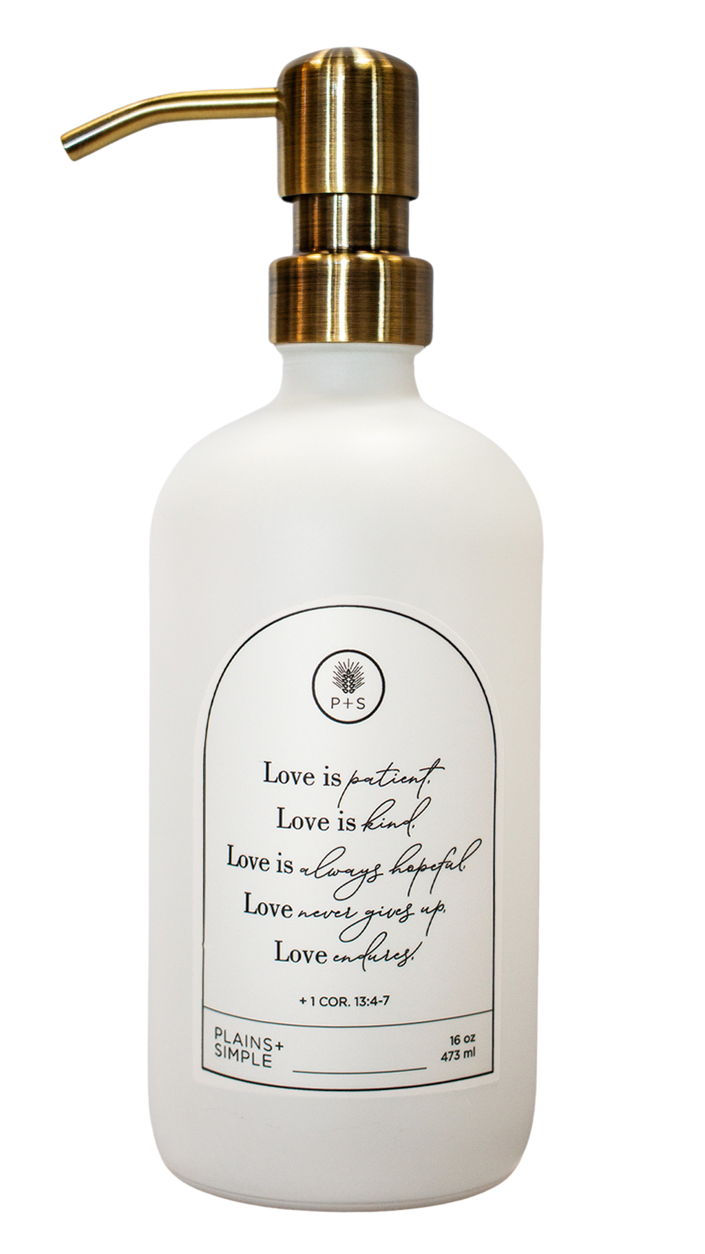 White glass Love Is... multipurpose Gratitude Bottle with gold pump.