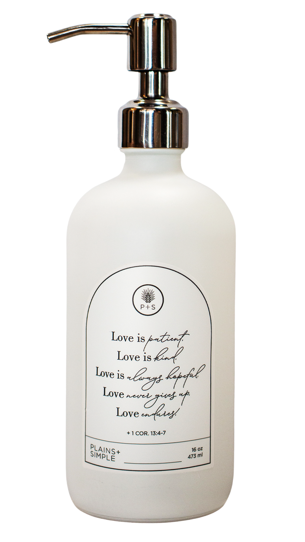 White glass Love Is... multipurpose Gratitude Bottle with silver pump.