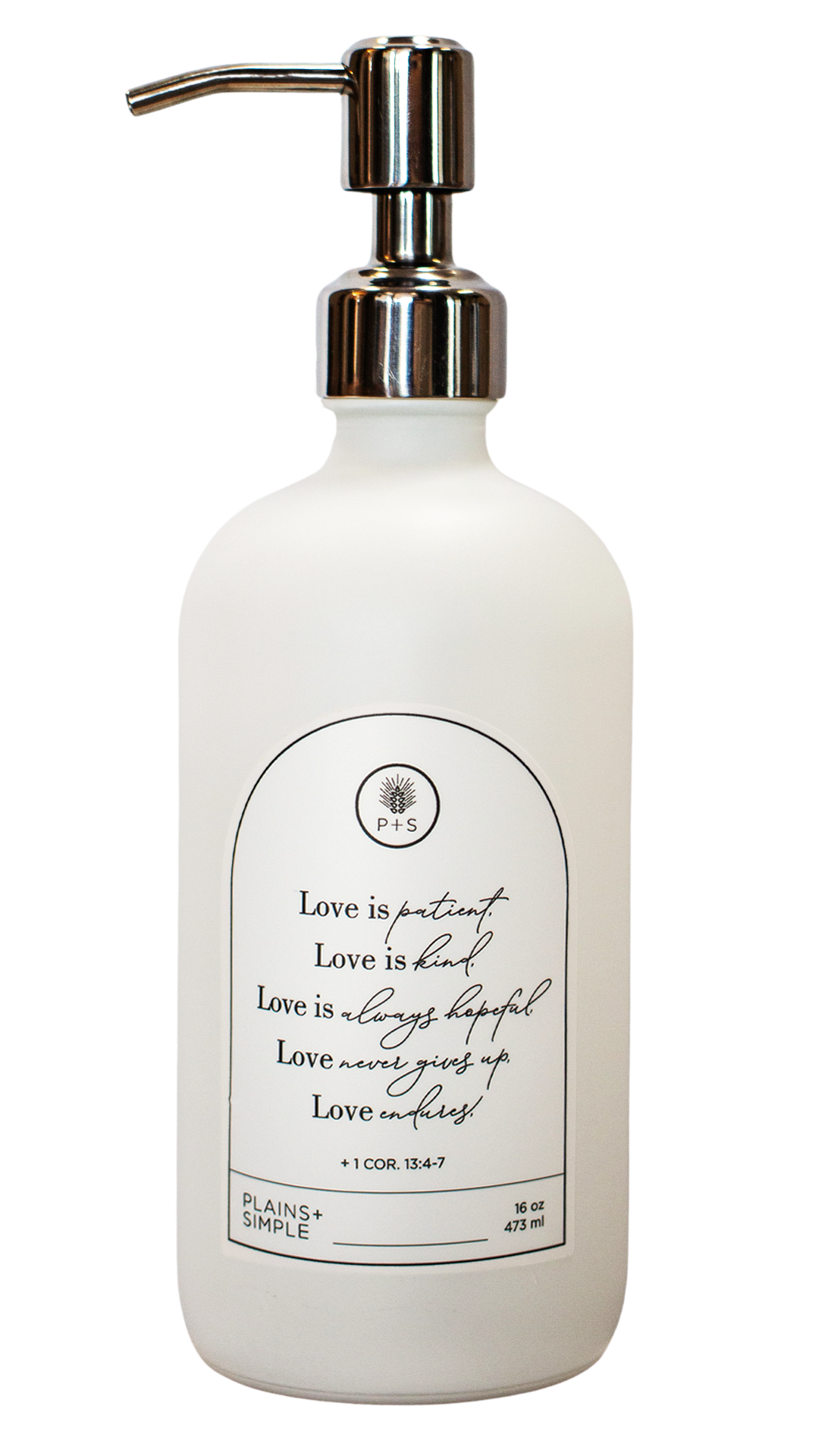 White glass Love Is... multipurpose Gratitude Bottle with silver pump.