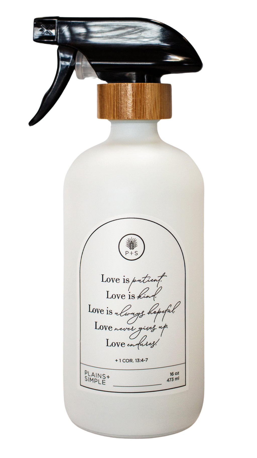 White glass Love Is... multipurpose Gratitude Bottle with spray pump.