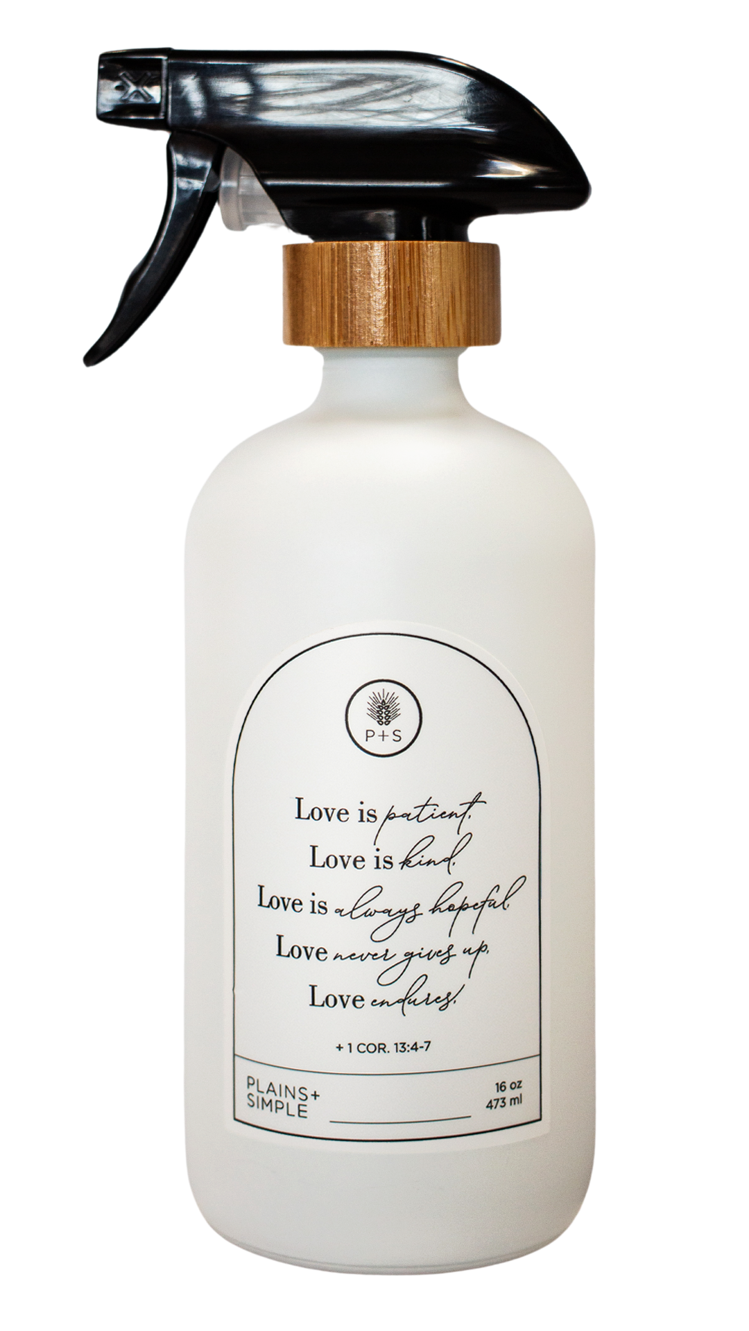 White glass Love Is... multipurpose Gratitude Bottle with spray pump.