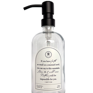 Clear glass Mustard Seed multipurpose Gratitude Bottle with black pump.