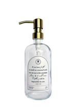 Clear glass Mustard Seed multipurpose Gratitude Bottle with gold pump.
