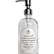 Clear glass Mustard Seed multipurpose Gratitude Bottle with silver pump.