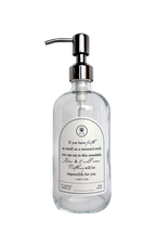 Clear glass Mustard Seed multipurpose Gratitude Bottle with silver pump.