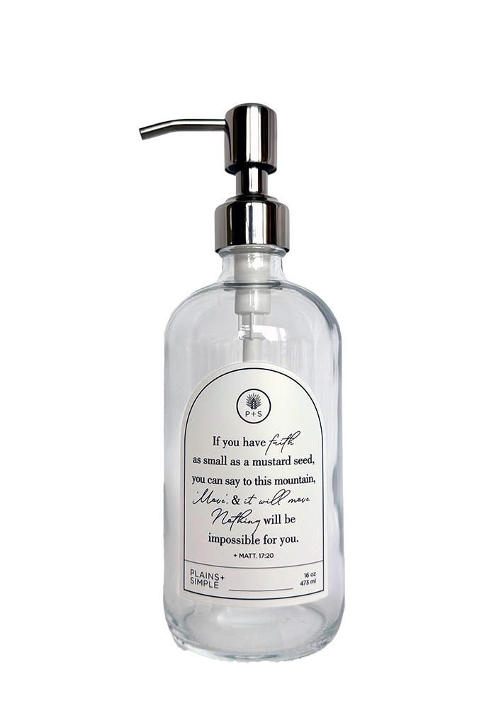 Clear glass Mustard Seed multipurpose Gratitude Bottle with silver pump.