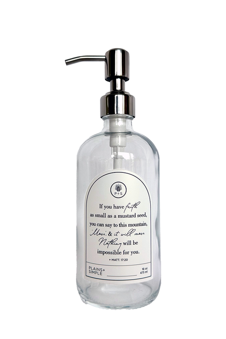 Clear glass Mustard Seed multipurpose Gratitude Bottle with silver pump.